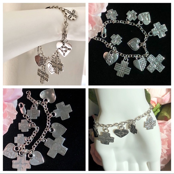 Sterling Silver Charm Bracelet w/Hearts&Crosses - Picture 3 of 7